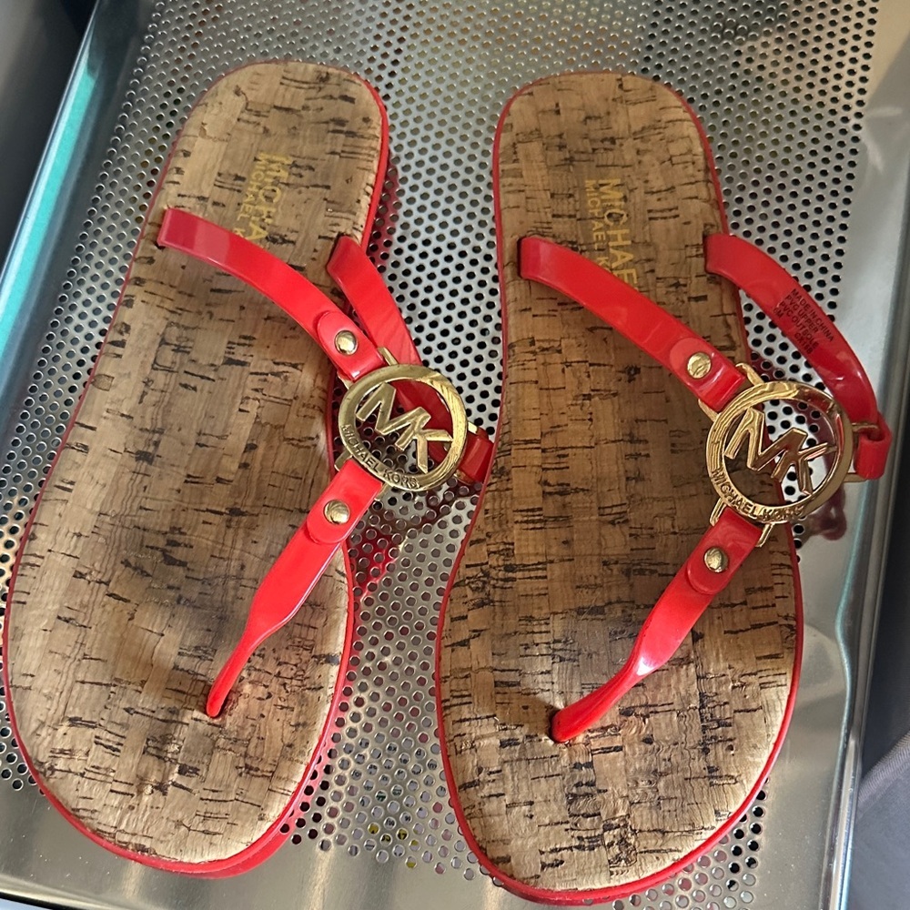 Michael Kors Red Thong Sandals with Gold Accents